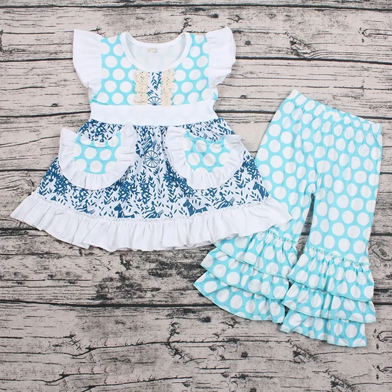 

Adorable Baby Girls Clothes Set Spring Fashion Blue Flutter Sleeve Tunic With Polka Dot Ruffle Pants Boutique Outfit