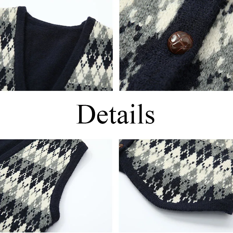 

Single Breasted Sweater Vest Women Retro Argyle Slouchy Temperament College Students V-neck Knitwear Jumpers Females New-arrival