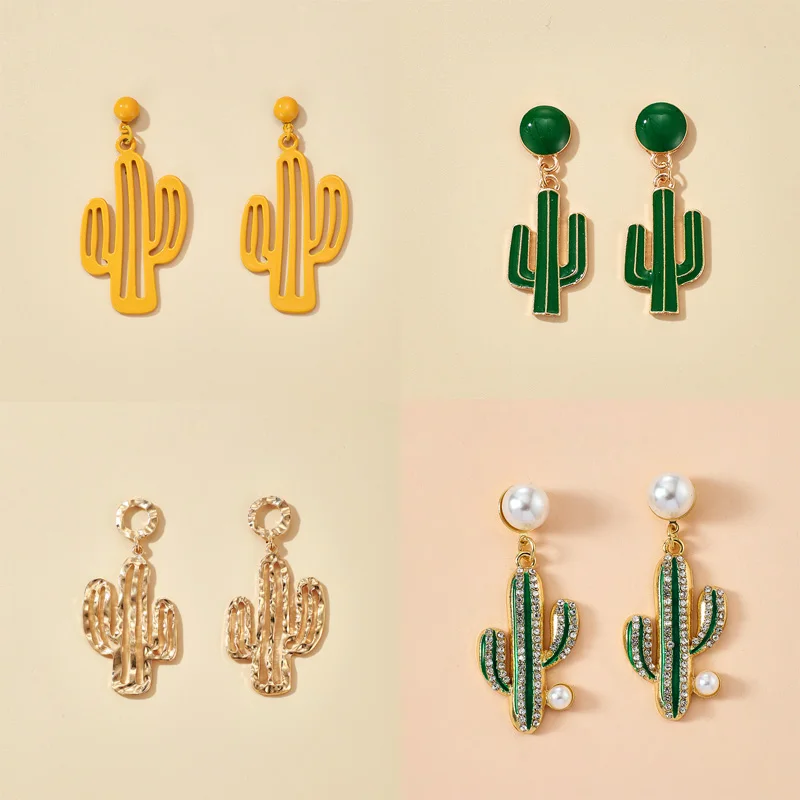 

Женские серьги-подвески С КАКТУСОМ, золотистые серьги из металлического сплава с жемчугом и геометрическим узором, ювелирные украшения, 1 п...