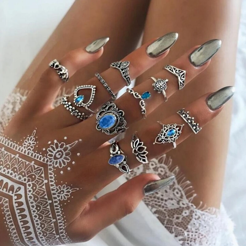 

13 pcs/Set Knuckle Ring Floral Stone Boho Vintage Jewelry Fashion Ethnic Crown