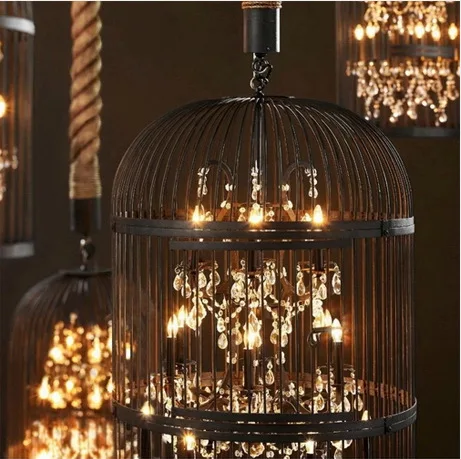 Kopen Crystal Vogelkooi Led Kroonluchter Smeedijzeren Amerikaanse Retro Restaurant Bar Creatieve Bar Kledingwinkel Industriële Wind Lampen