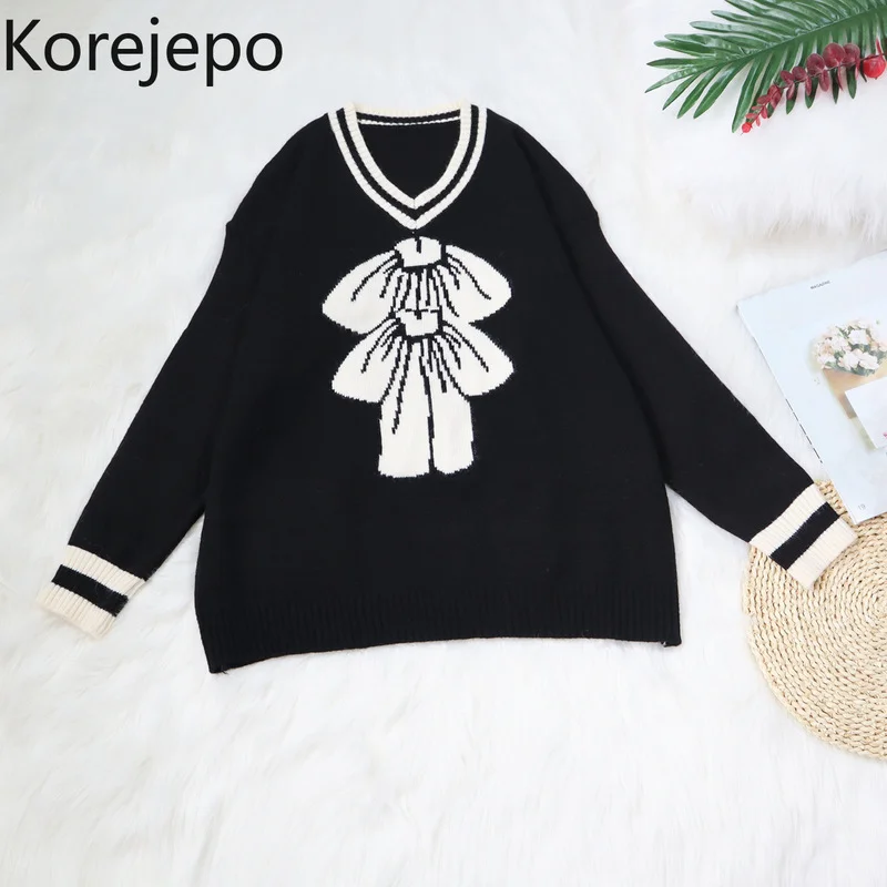 

Korejepo Women Sweater Pullover 2021 Autumn and Winter New Korean Version Sweet Loose Bowknot Printed V-neck Knitted Sweater Top