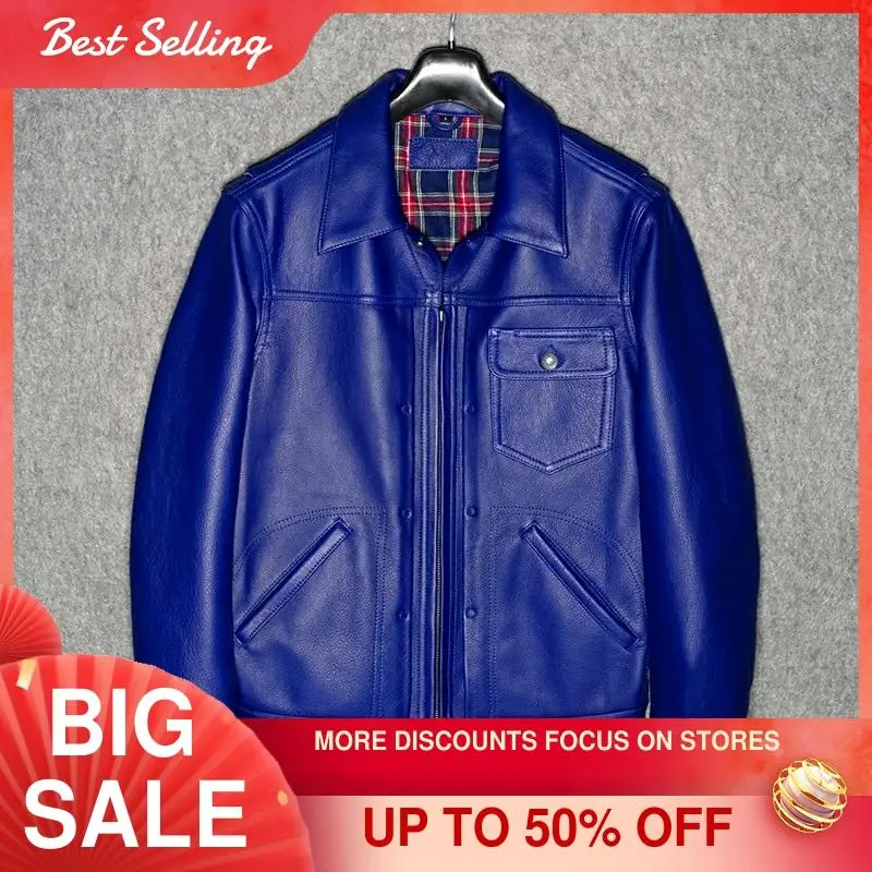 

2021 Blue Japan Casual Style Genuine Leather Jacket Men Plus Size 3XL Real Natural Cowhide Slim Fit 506X Autum Coatn