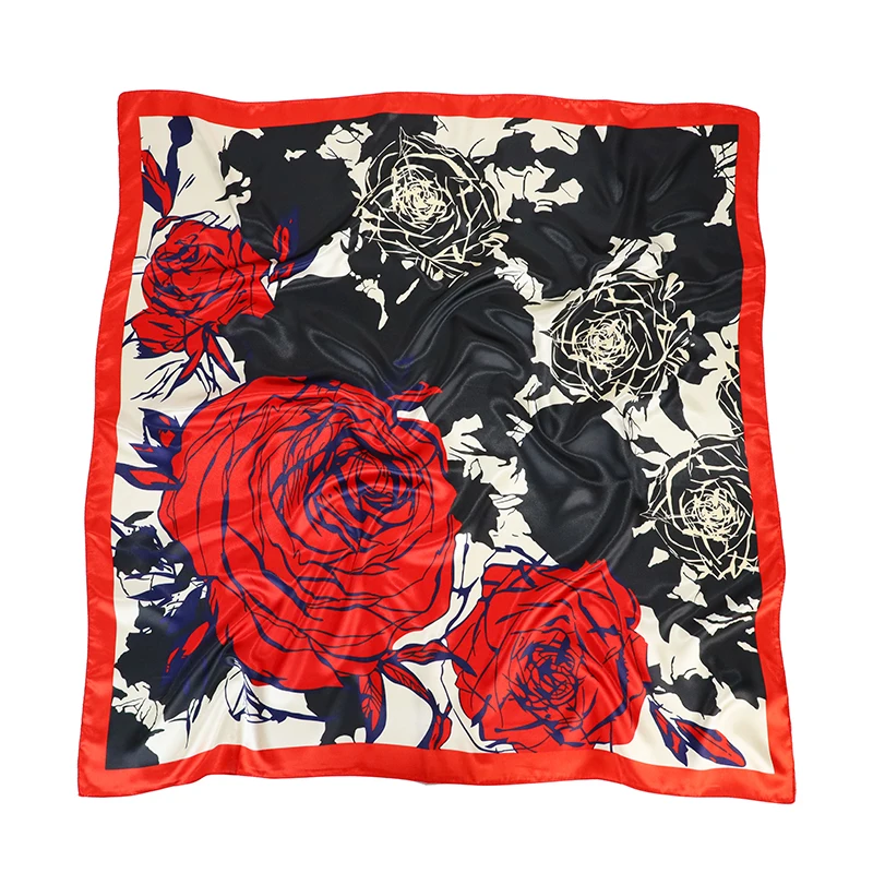 

Hijab Scarf Women Rose print Foulard Femme 90*90cm Square Head Hair Scarves Bandana Satin Silk Shawls and Wraps