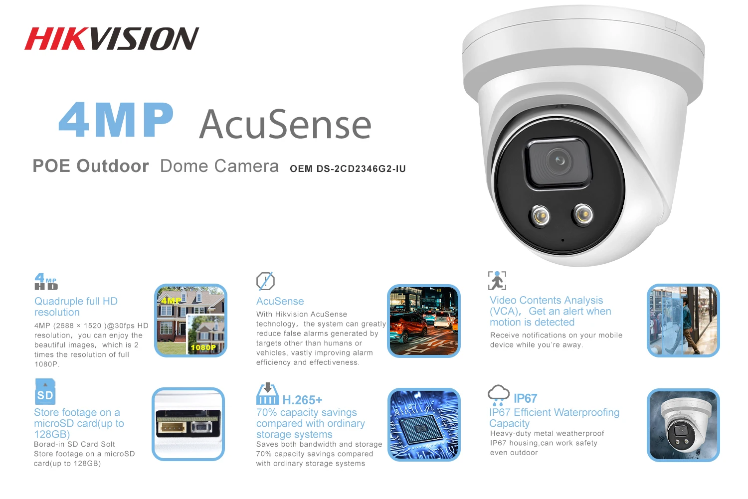 

Hikvision DS-2CD2346G2-IU OEM 4MP WDR H.265+ Built-in mic IR30 Poe IP67 Fixed Turret ip camera.