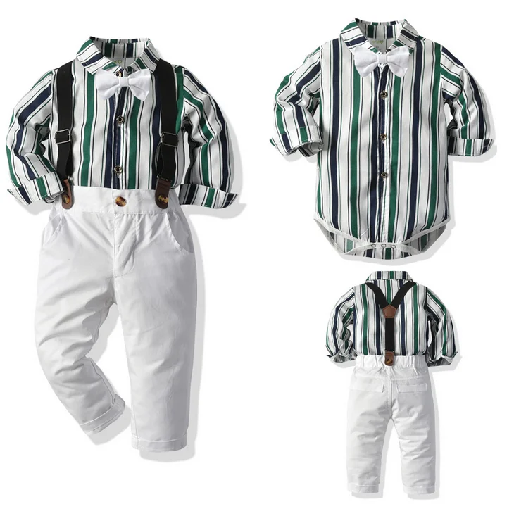 

Baby Boys Gentleman Outfits Suits, Bowknot Lapel Long Sleeve Romper Shirt Top + Suspender Long Pant