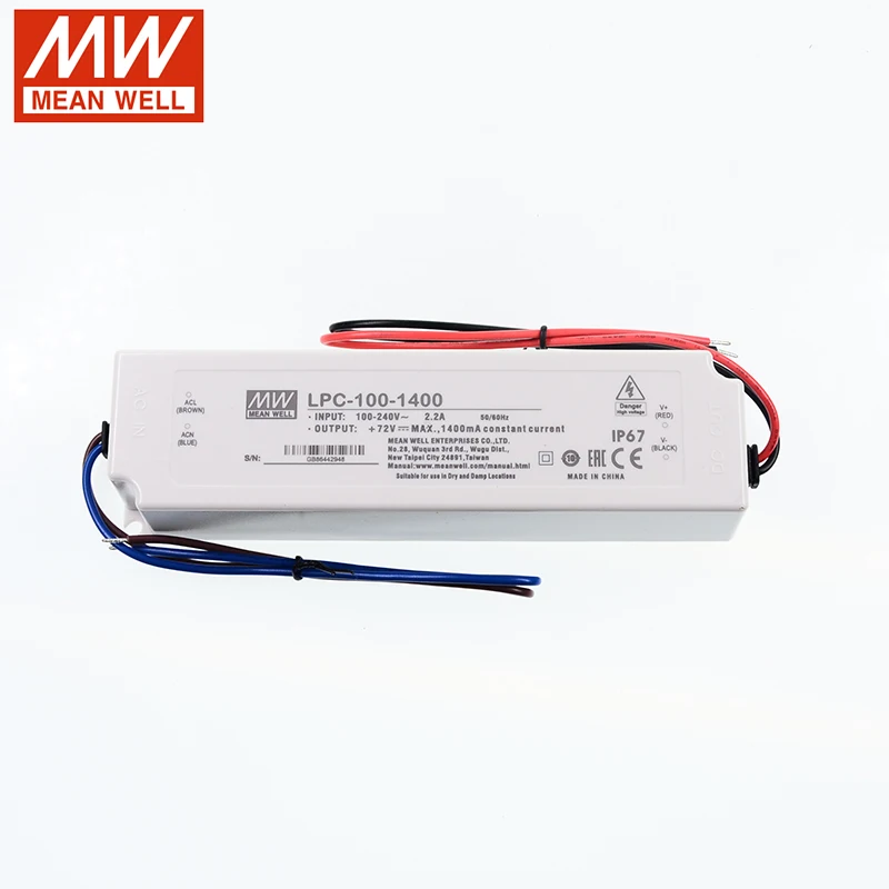 LPC-100-1400 MEAN WELL импульсный источник питания 1400mA 36 ~ 72V DC 100W IP67 Водонепроницаемый