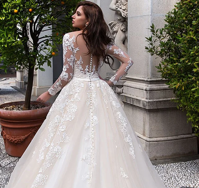 

Muslim Wedding Dresses Ball Gown Long Sleeves Tulle Appliques Lace Boho Dubai Arabic Wedding Gown Bridal Dress Vestido De Noiva