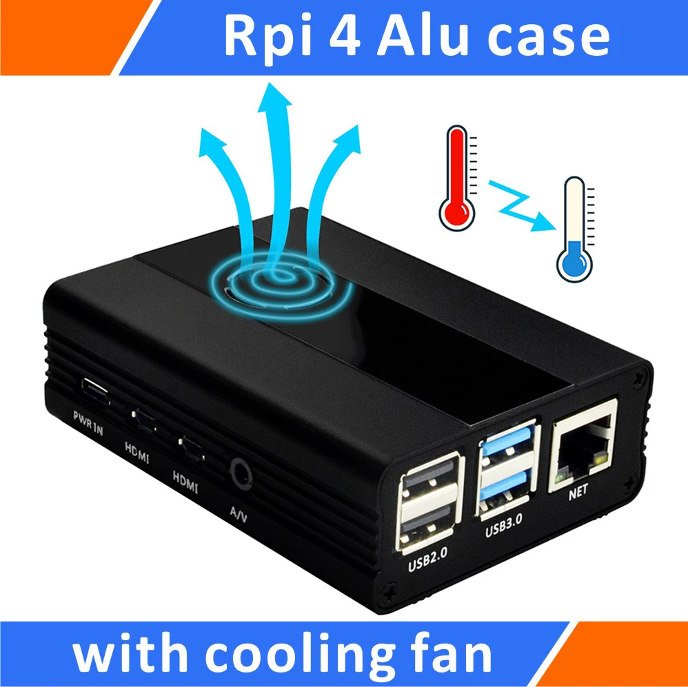 Чехол Raspberry Pi 4 Model B из алюминиевого сплава с вентилятором черный|Аксессуары для