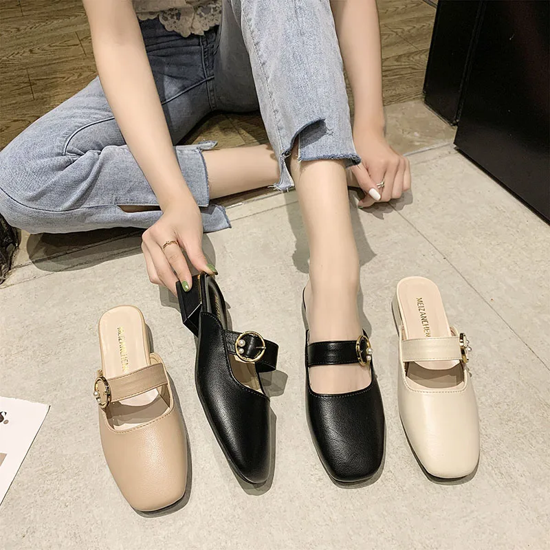 

Shoes Woman 2021 Female Mule Low Cover Toe Slippers Flat Luxury Slides Pantofle Loafers Mules Designer Square New Rubber Hoof He