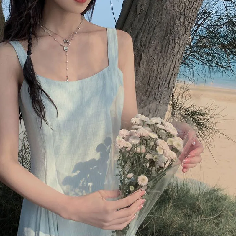 

Square Collar Beach Strap Dress Women Sleeveless Elegant Casual Dress Bandage Design One Piece Dress Korean 2021 Summer Chic