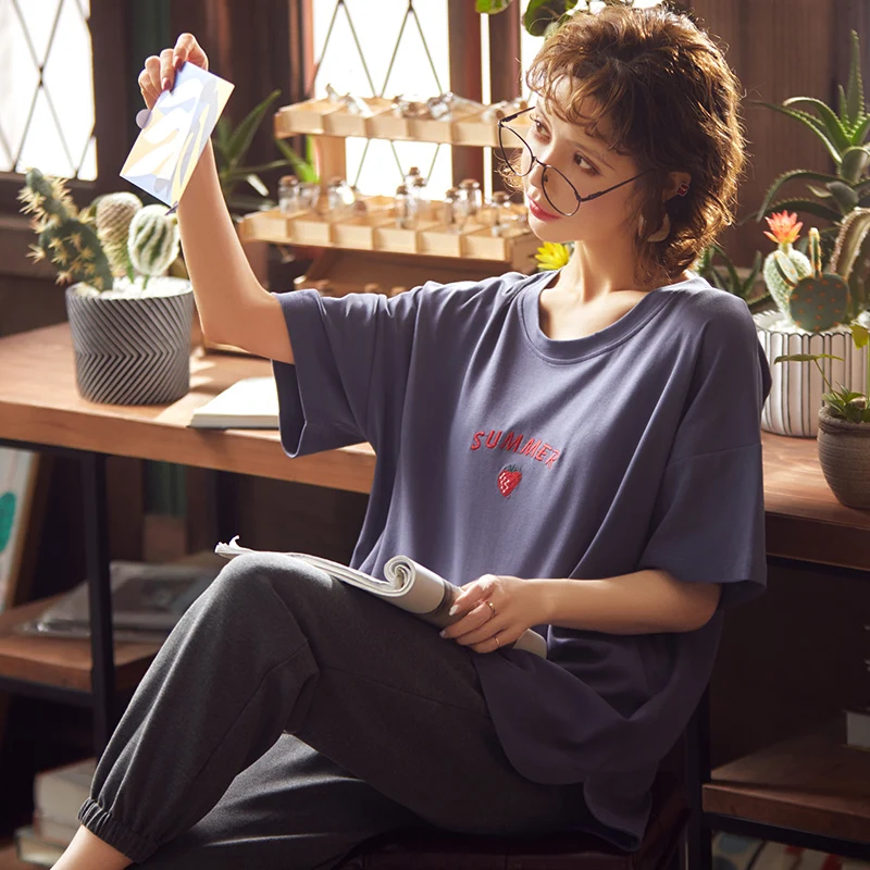 Женская летняя Хлопковая пижама с коротким рукавом и длинными брюками | одежда