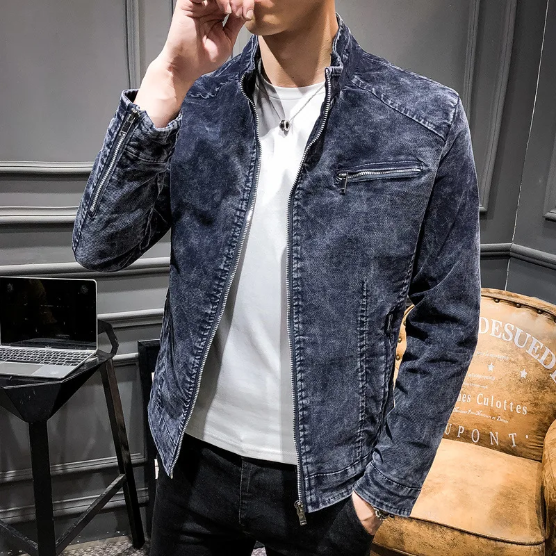 

Fashion 2021 Trend Demin Jacket Slim Fits Men Clothing Zipper Up Open Stitch Turn-down Collar Outerwear Male Skinny Denim Jacket