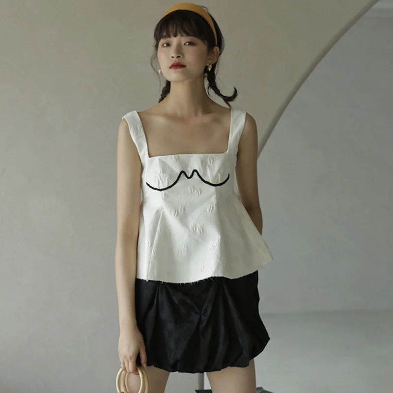 

Summer Tanks Streetwear Square Collar Crop Top Camis Top Tee Femme Embroidery Tanks Top Loose T Shirts Woman Pullover Clothes