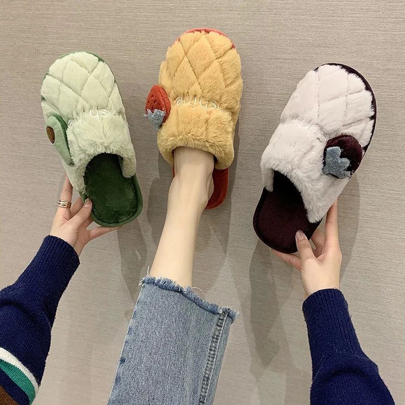 

Fashion Winter Autumn Warm Cotton Slippers Women Lovely Fruit Home Shoes Men Breathable Anti-slip Plush Lined Slippers Soft