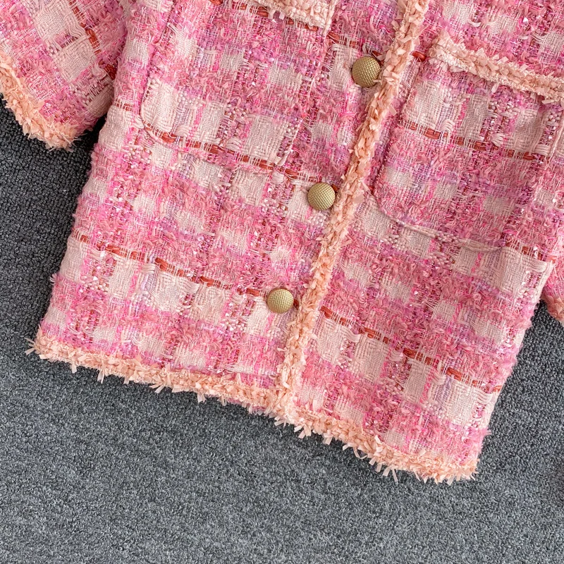 

French Vintage Cardigan Coat Women Summer Plaid Crop Top Casual Tweed Jackets Coats Female Streetwear Outwear Chaqueta Mujer