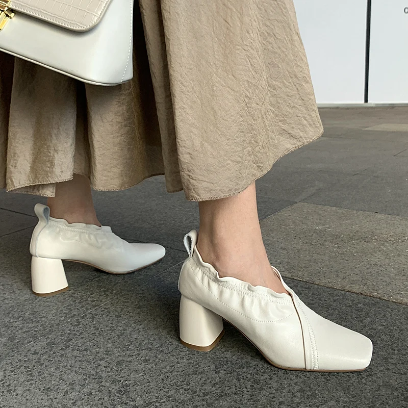 

2020 spring and autumn new high heels thick heel square toe leather shoes comfortable four seasons women's single shoes X390