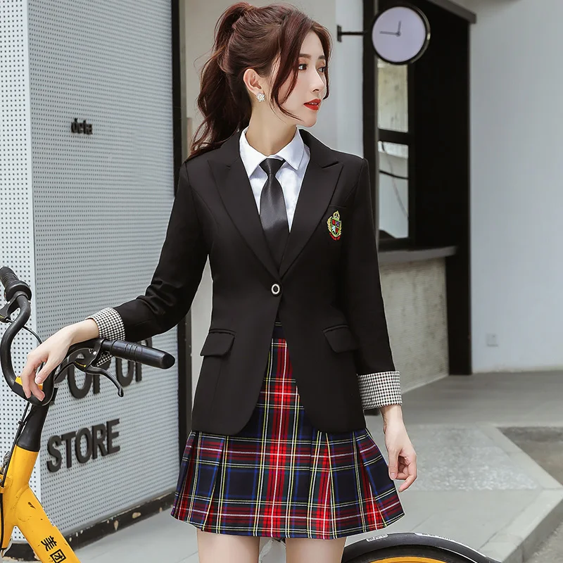 Black Korean autumn professional women's work clothes college style British suit business Skirt Set 2-piece set (coat + skirt)