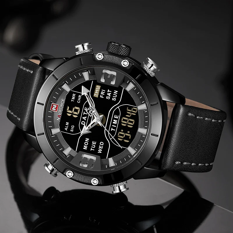 Для мужчин лидирующей марки Элитный бренд NAVIFORCE Для мужчин кожаные мужские кварцевые часы Аналоговые светодиодный цифровые часы Водонепроницаемый военные наручные часы