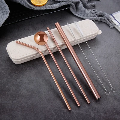 rose gold with box Экологически чистый набор соломинок для напитков из нержавеющей стали 3 шт. с коробкой для переноски+ 1 шт. щетка для очистки, многоразовые аксессуары для соломы - Цвет: rose gold with box