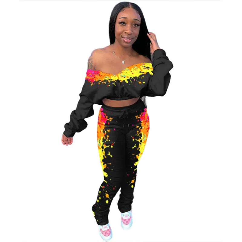 

HAOYUAN Sexy Plus Size Two Piece Jumpsuit Off Shoulder Batwing Sleeve Crop Top+Stacked Leggings Set Tracksuit Women Club Outfits