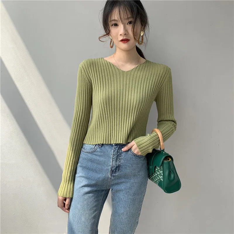 

Spring and Autumn New Sexy Short Knit Pullover Women V-neck Slim Sweater Women Knitted Tops NS1815