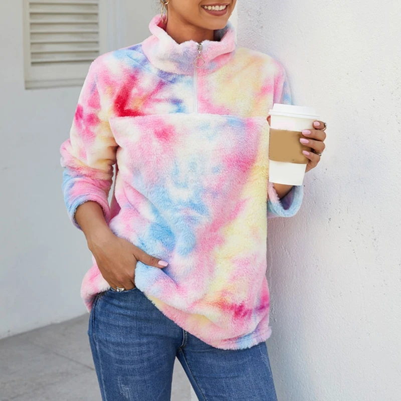 

Women Winter Fuzzy Plush Long Sleeve Sweatshirt 1/4 Zipper Stand Collar Pullover Tunic Tops Gradient Rainbow Tie-Dye Printed Loo