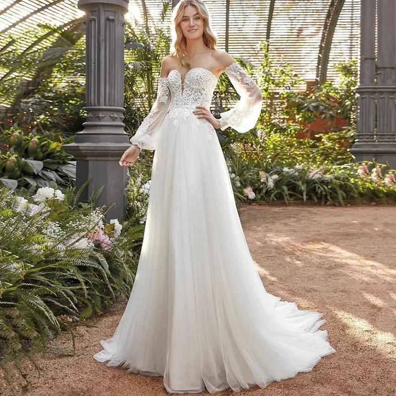 

Bohemian Wedding Dresses Detachable Long Sleeve Lace Wedding Gowns A Line Summer Vintage Bride Dress Boho Robe de Mariage