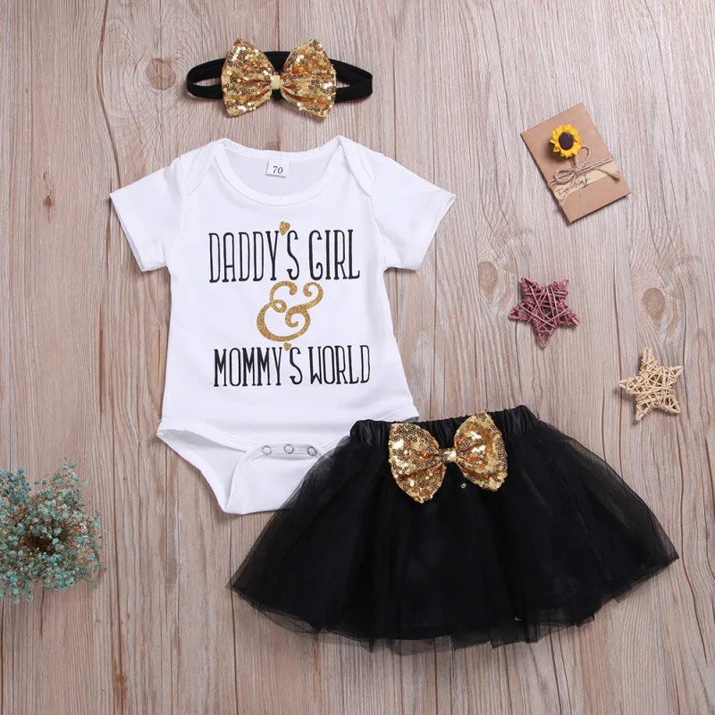 

Summer Baby Girl Romper Fashion Casual Breathable Letter Print Romper Tops Mesh Skirt With Headband Outfits Leisure Set