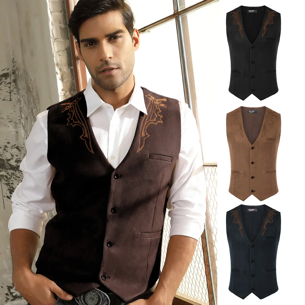 

Men's Embroidery Decorated Vest Waistcoat Sleeveless V-Neck Handkerchief Hem Cocktail Party Vintage Coat Slim Fashion Tops Male