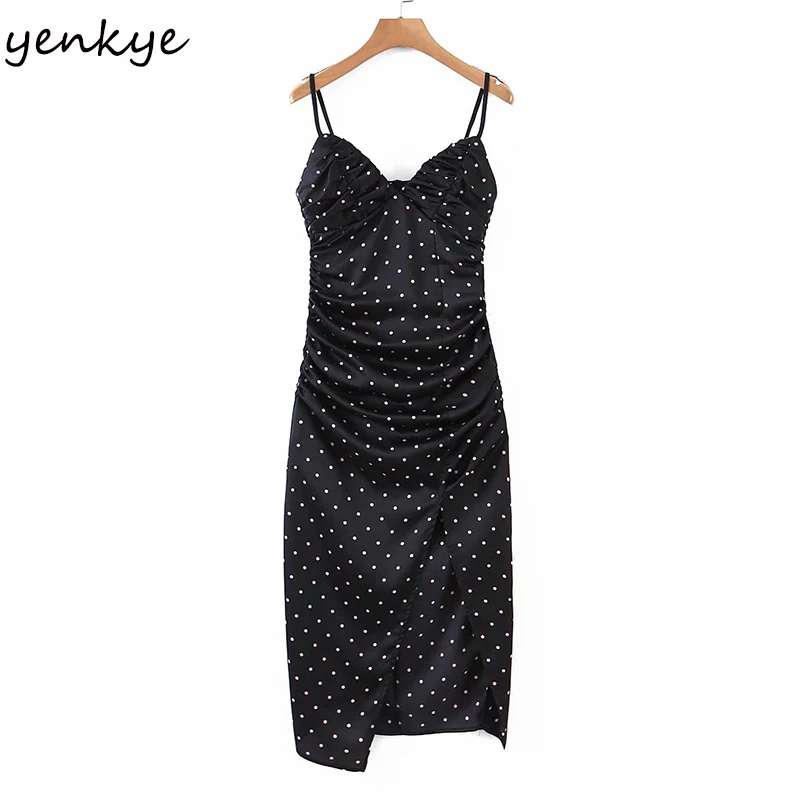 

YENKYE Fashion Women Vintage Polka Dot Hem Slits Sling Sexy Dress Romantic Backless V Neck Sleeveless Party Night Out Dresses