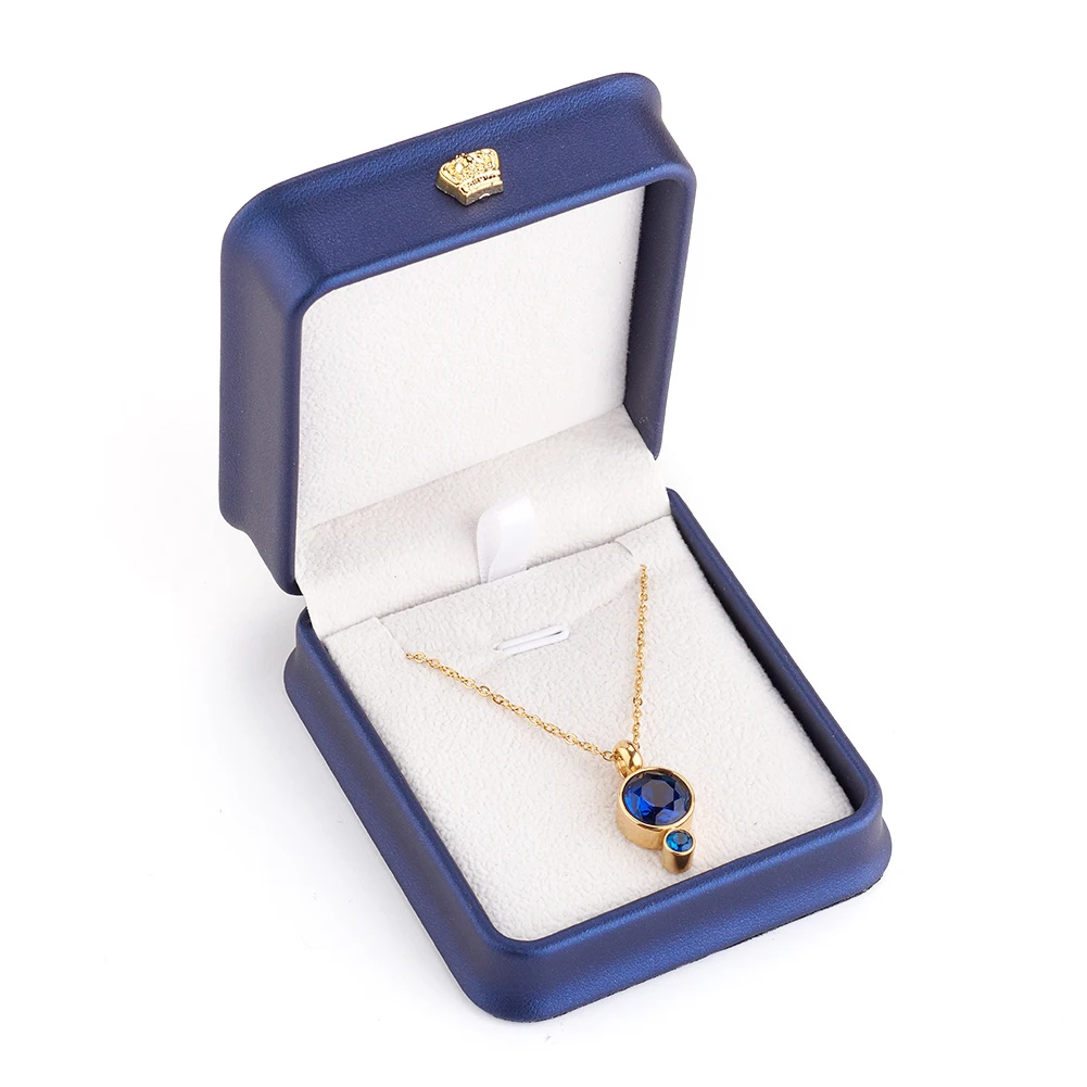 

Blue PU Leather Necklace Pendant Gift Boxes with Golden Plated Iron Crown and Velvet Inside Jewelry Storage Case