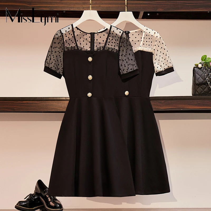 

MissLymi L-5XL Plus Size Women Polka Dot Mesh Patchwork Dress Summer 2021 Vintage Square Collar Short Sleeve High Waist Dress