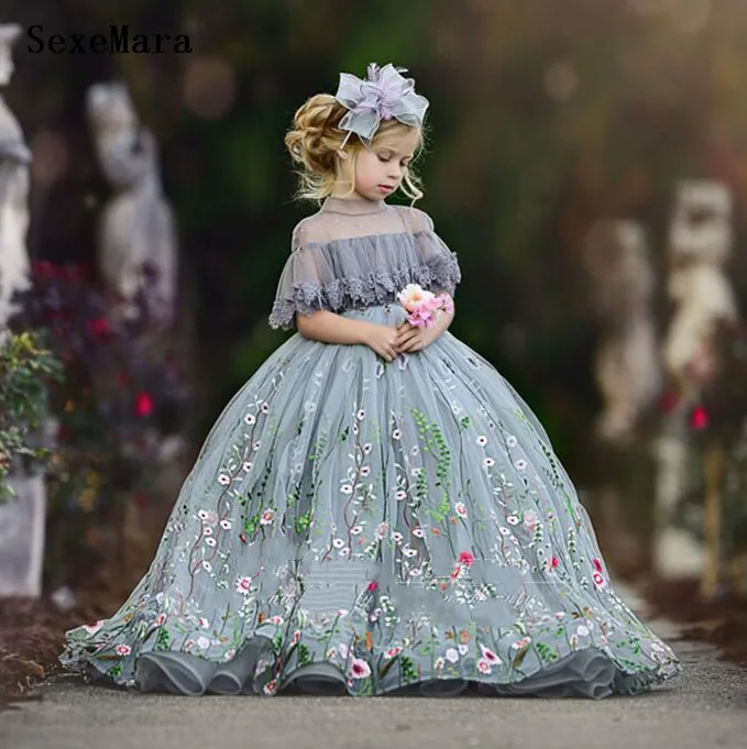 same as picture Милое фатиновое бальное платье с цветочным узором для девочек кружевное детское нарядное платье со стразами и высокой горловиной платье для девочек на день рождения - Цвет: same as picture