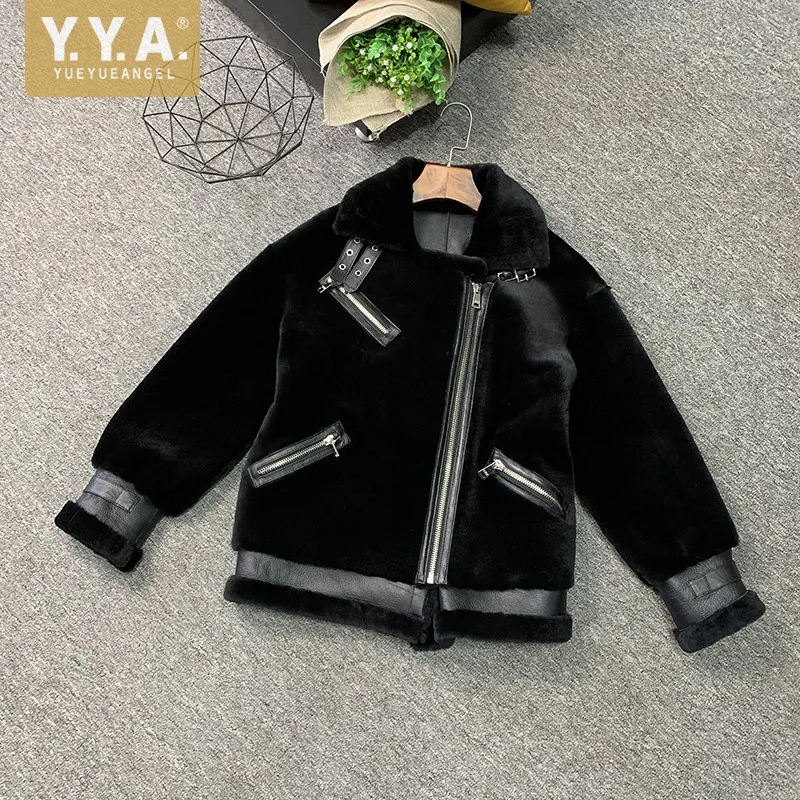 

Women Winter Motorcycle Biker Real Fur Jacket Spliced Shearling Coat Thick Warm Sheep Fur Natural Wool Jacket Female Streetwear