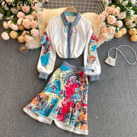 spring fashion runway skirt sets womens long sleeve contrast color ruffles shirt beading pearls mermaid skirts 2 piece sets