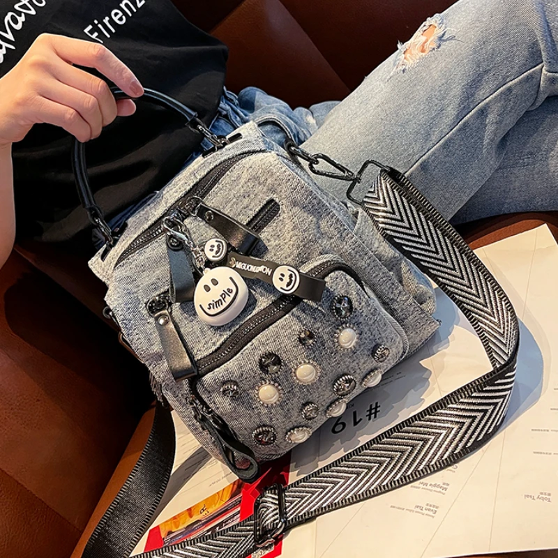

Top Quality Luxury Brand Women's Bag Diamond Rivet Purses and Handbags Denim Dual-use Crossbody Shoulder Bolso Grande Mujer