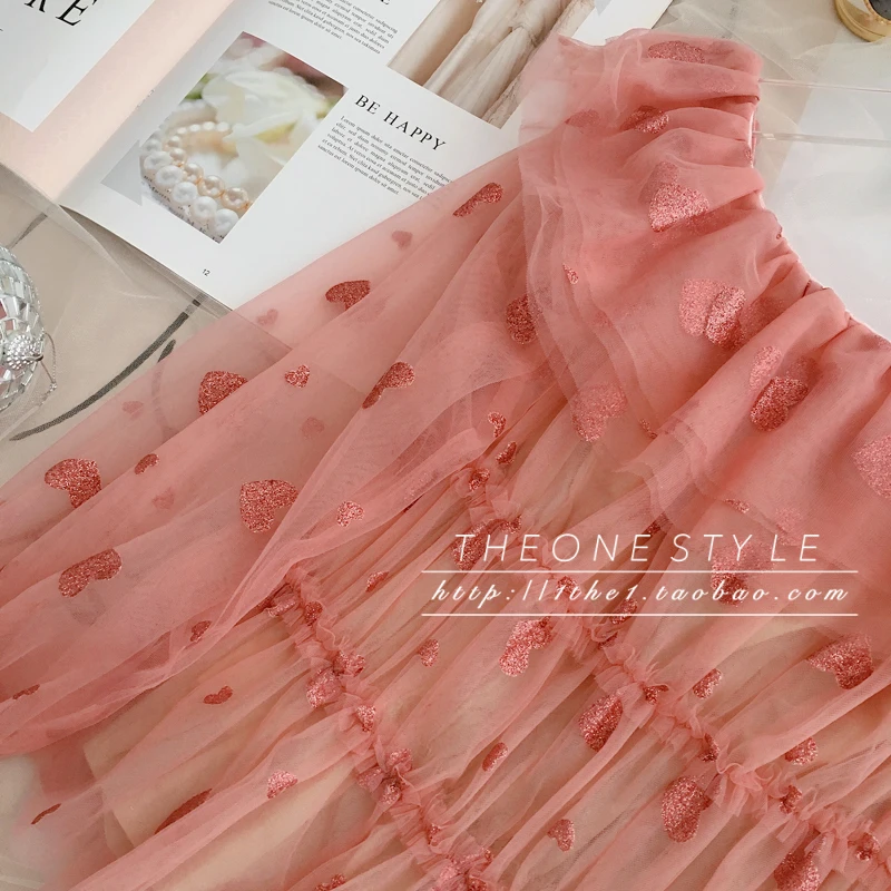 

2021 Spring New Shirt Girls' Retro Sweet Loving Heart Pink Mesh Blouse Ruffled Off-Shoulder Women Top Print Ladies Tops Shirt