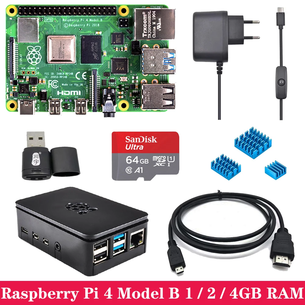 Original Raspberry Pi 4 1GB 2GB 4GB RAM WiFi Bluetooth with ABS Case Power Supply Adapter SD Card for Raspberry Pi 4 Model B 4B
