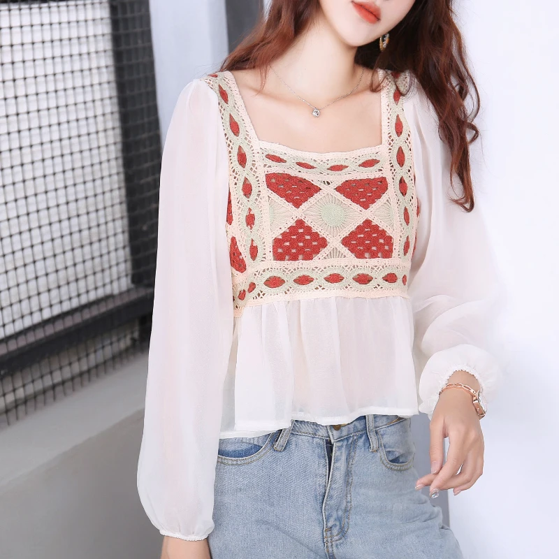 

2021 summer retro French hollowed out V-neck short short, thin, western style long-sleeved shirt top women