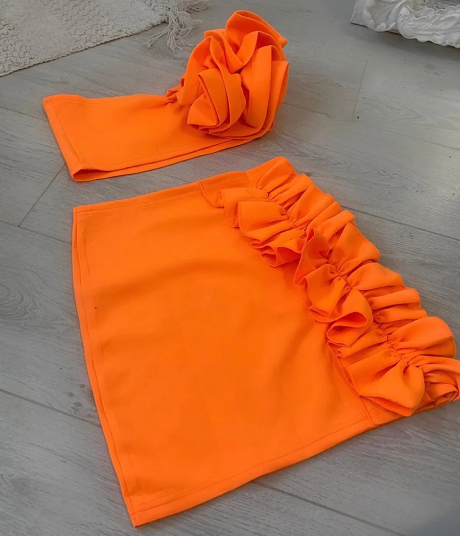 BI354Orange VIKINII Летняя Сексуальная женская пляжная одежда оранжевого цвета, Женский комплект из двух предметов с рюшами, без рукавов, кружевные укороченные топы с высокой талией, шорты - Цвет: BI354Orange