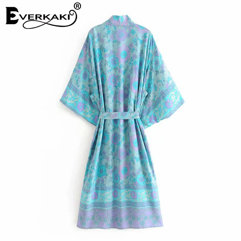 Женское винтажное длинное кимоно Everkaki свободное в этническом стиле с принтом и