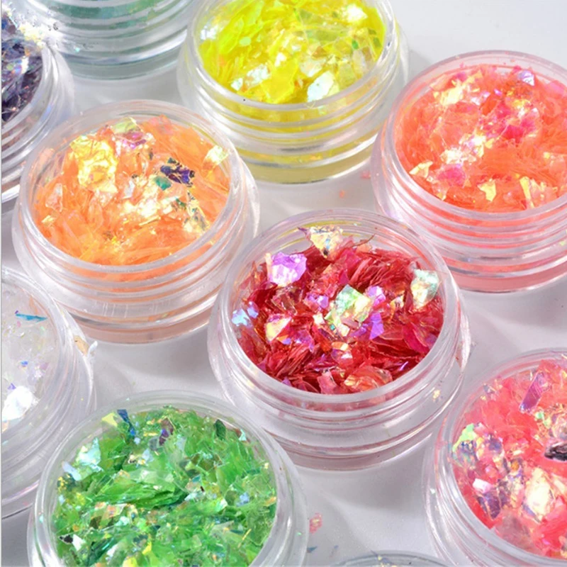 Набор из 12 цветов пыли для ногтей Лазерный цвет яркие сломанные целлофановые