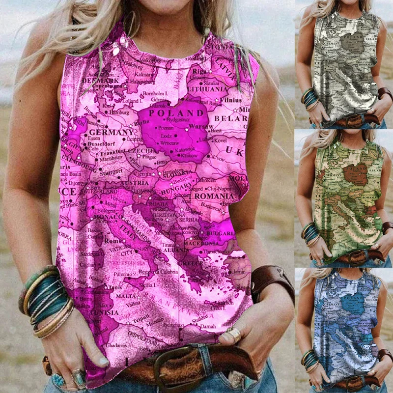 

Summer New Arrival Fashion Women's Round Neck Plus Size Pullover Sleeveless Map Printed Vest Casual Top Women Clothing