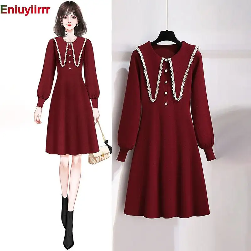 

New Year Cute Feminine Vestiods Women Winter Spring Fashion French European Design Hollow Out White Lace Knit Sweater Dress 2129