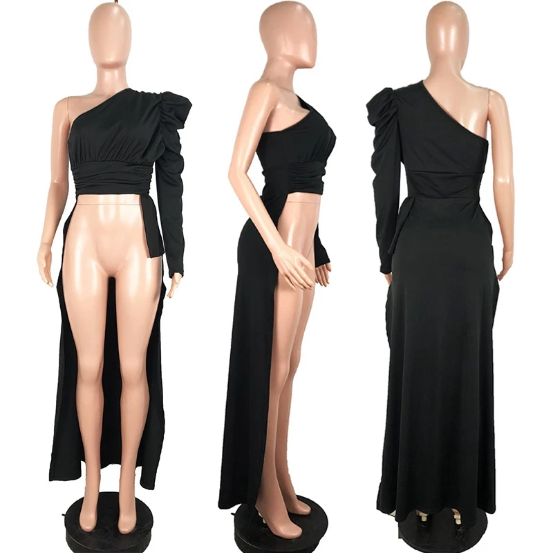 

One Shoulder Sexy Black Long Top Women Autumn Skew Collar Solid Color Clubwear Ruffled Top Streetwear Elegant Bandage Blouse Top