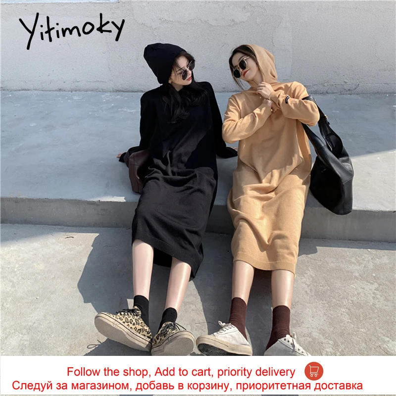 Женское трикотажное платье с капюшоном Yitimoky модное свободное Повседневное