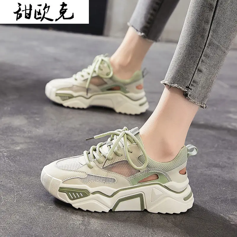 

2021 Spring Women's Mesh Breathable Comfortable Sneakers Thick-soled Lace-up Increased Dad Shoes Casual Vulcanized Shoes Women