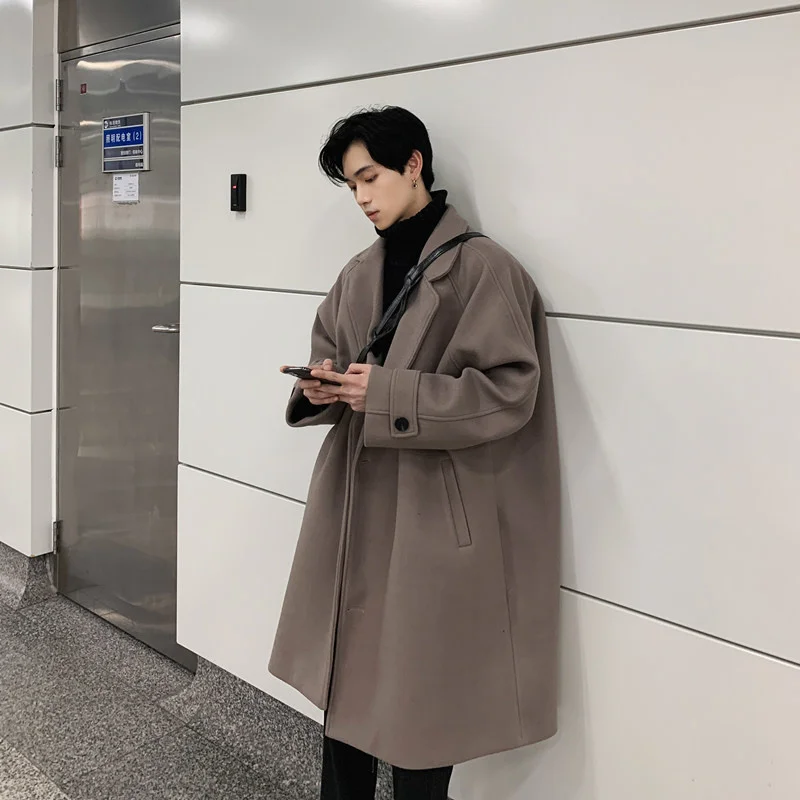 

Тренчкот мужской однотонный, Смешанная шерсть, куртка в Корейском стиле, Повседневная Длинная свободная одежда, осень-зима D180