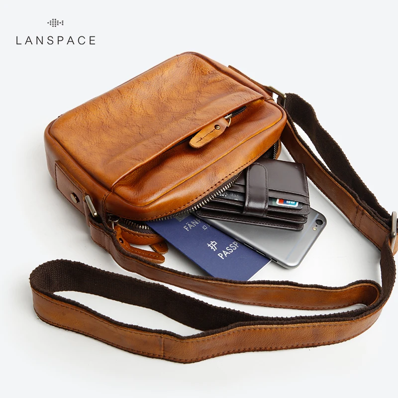 LANSPACE men's leather shoulder bag genuine leather small bag men's messenger bag